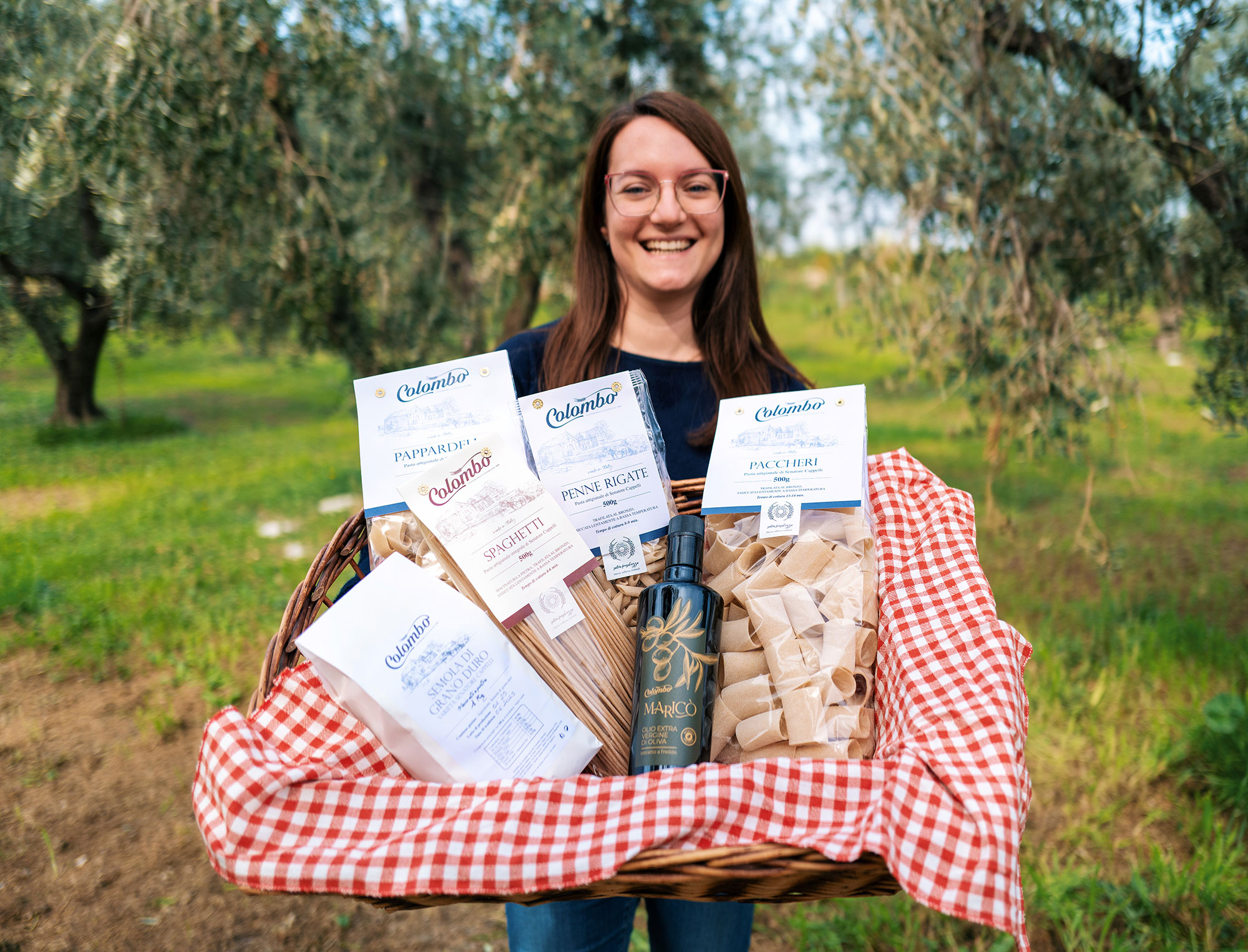 Maria Concetta Colombo with artisanal pasta and olive oil